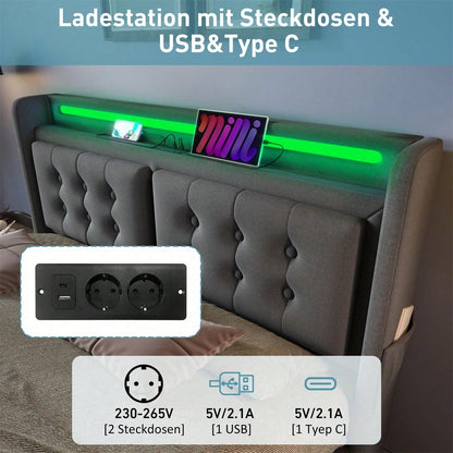Polsterbett 180x200, Doppelbett mit Led-Kopfteil und USB C Ladefunktion, Hydraulisches Bett mit Lattenrost aus Holz und Metallrahmen, Belastbarkeit 300 kg,Grau,Baumwolle