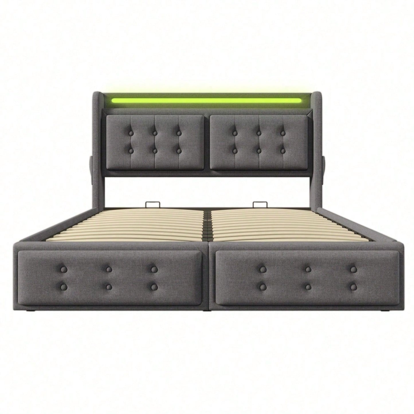 Polsterbett 180x200, Doppelbett mit Led-Kopfteil und USB C Ladefunktion, Hydraulisches Bett mit Lattenrost aus Holz und Metallrahmen, Belastbarkeit 300 kg,Grau,Baumwolle