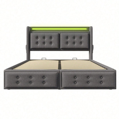 Polsterbett 180x200, Doppelbett mit Led-Kopfteil und USB C Ladefunktion, Hydraulisches Bett mit Lattenrost aus Holz und Metallrahmen, Belastbarkeit 300 kg,Grau,Baumwolle