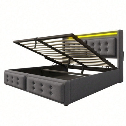 Polsterbett 180x200, Doppelbett mit Led-Kopfteil und USB C Ladefunktion, Hydraulisches Bett mit Lattenrost aus Holz und Metallrahmen, Belastbarkeit 300 kg,Grau,Baumwolle
