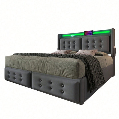 Polsterbett 180x200, Doppelbett mit Led-Kopfteil und USB C Ladefunktion, Hydraulisches Bett mit Lattenrost aus Holz und Metallrahmen, Belastbarkeit 300 kg,Grau,Baumwolle