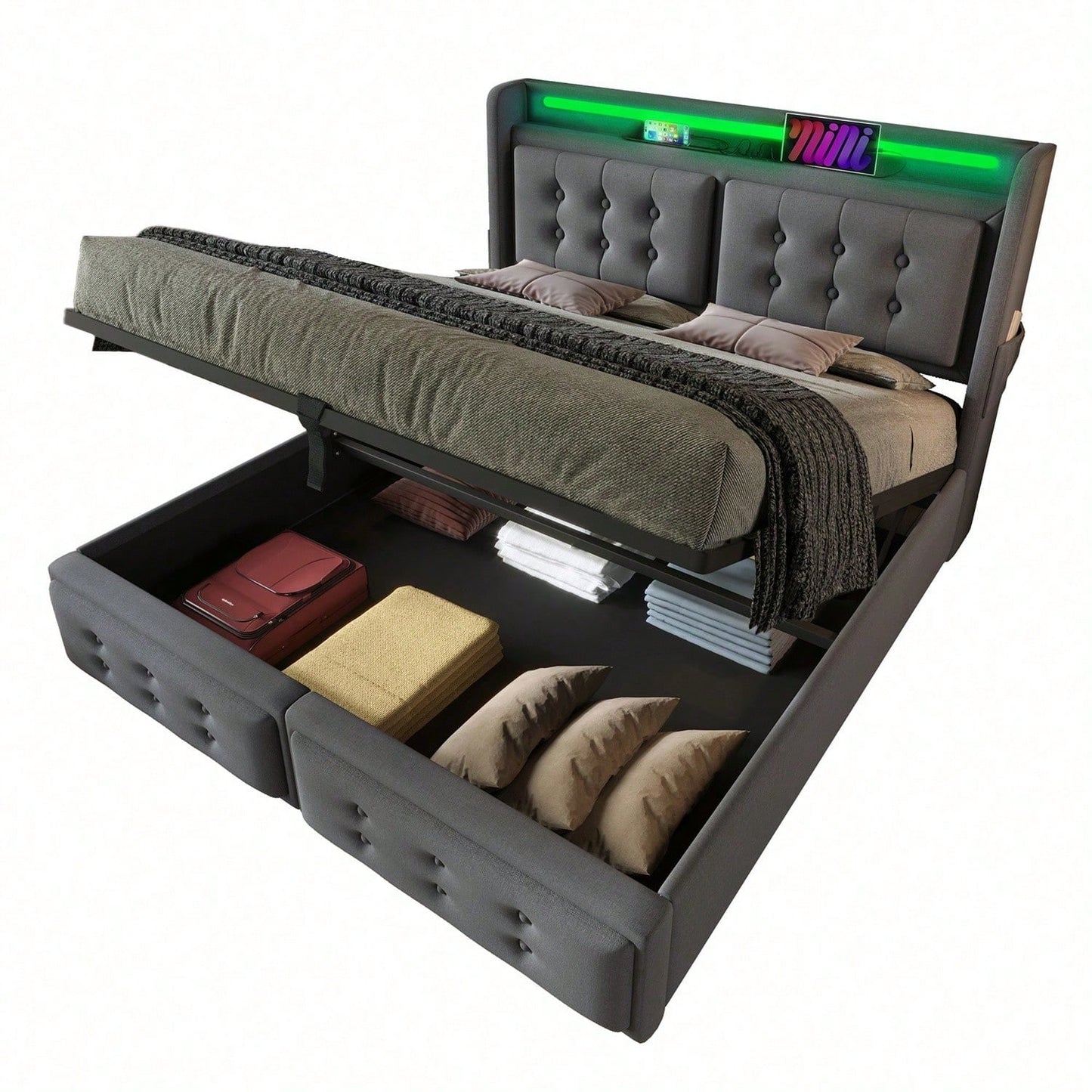Polsterbett 180x200, Doppelbett mit Led-Kopfteil und USB C Ladefunktion, Hydraulisches Bett mit Lattenrost aus Holz und Metallrahmen, Belastbarkeit 300 kg,Grau,Baumwolle