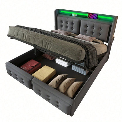 Polsterbett 180x200, Doppelbett mit Led-Kopfteil und USB C Ladefunktion, Hydraulisches Bett mit Lattenrost aus Holz und Metallrahmen, Belastbarkeit 300 kg,Grau,Baumwolle
