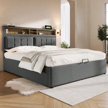 Polsterbett Doppelbett mit USB C Steckdose Ladefunktion Kopfteil,Stauraumbetten Bettgestell aus Leinenmaterial Jugendbett 140x200 mit lattenrost