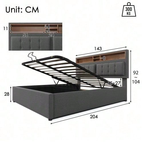 Polsterbett Doppelbett mit USB C Steckdose Ladefunktion Kopfteil,Stauraumbetten Bettgestell aus Leinenmaterial Jugendbett 140x200 mit lattenrost