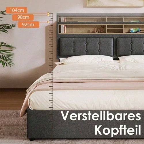 Polsterbett Doppelbett mit USB C Steckdose Ladefunktion Kopfteil,Stauraumbetten Bettgestell aus Leinenmaterial Jugendbett 140x200 mit lattenrost