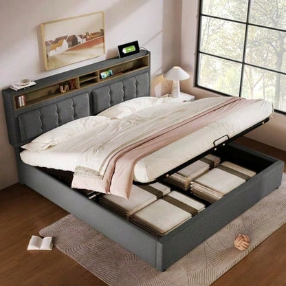 Polsterbett Doppelbett mit USB C Steckdose Ladefunktion Kopfteil,Stauraumbetten Bettgestell aus Leinenmaterial Jugendbett 140x200 mit lattenrost