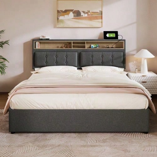 Polsterbett Doppelbett mit USB C Steckdose Ladefunktion Kopfteil,Stauraumbetten Bettgestell aus Leinenmaterial Jugendbett 140x200 mit lattenrost