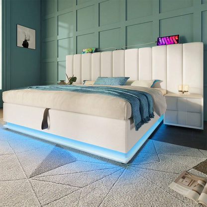 Polsterbett 180*200, Doppelbett Stauraumbett mit App Control LED und USB-C Ladefunktion, Bettgestell mit Lattenrost, PU, Weiß, Ohne Matratze und Nachttisch