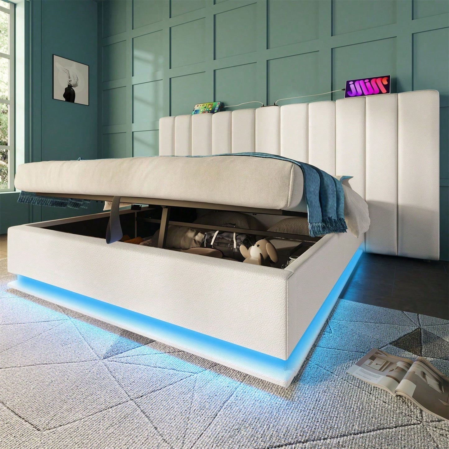 Polsterbett 180*200, Doppelbett Stauraumbett mit App Control LED und USB-C Ladefunktion, Bettgestell mit Lattenrost, PU, Weiß, Ohne Matratze und Nachttisch
