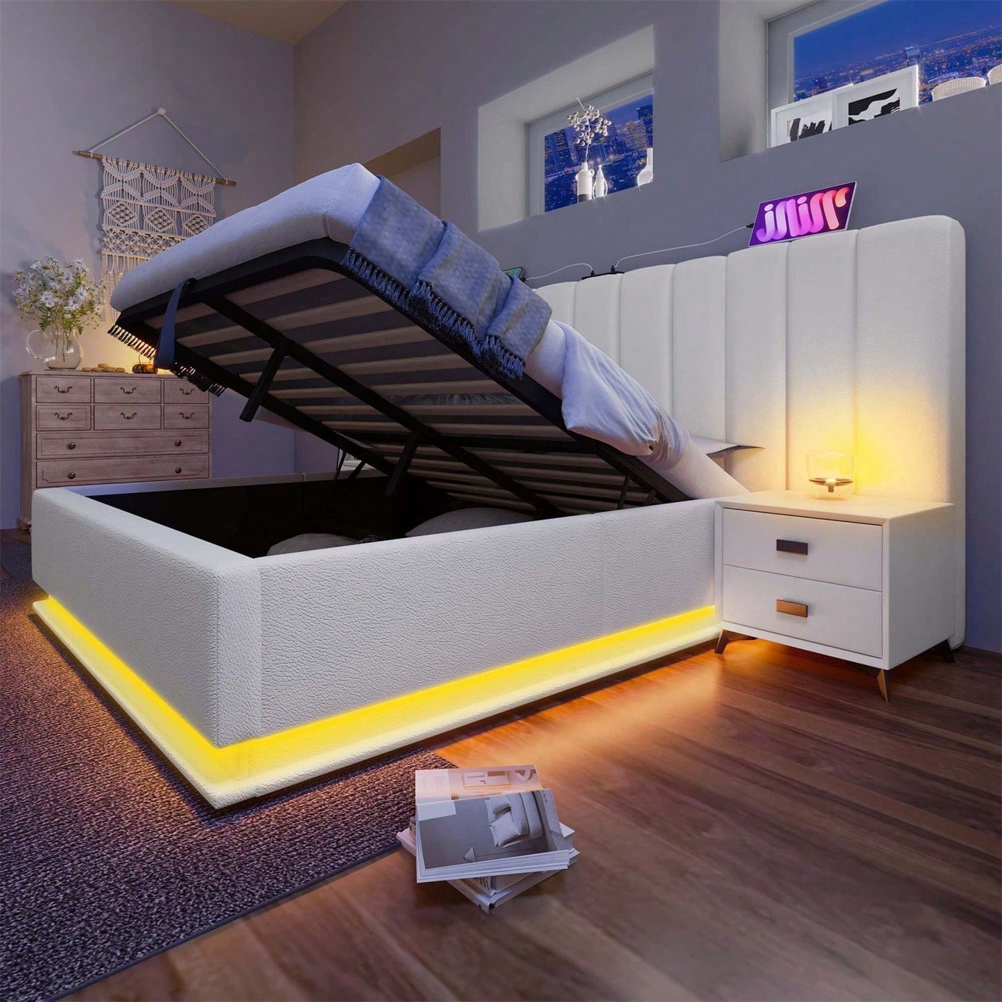 Polsterbett 180*200, Doppelbett Stauraumbett mit App Control LED und USB-C Ladefunktion, Bettgestell mit Lattenrost, PU, Weiß, Ohne Matratze und Nachttisch