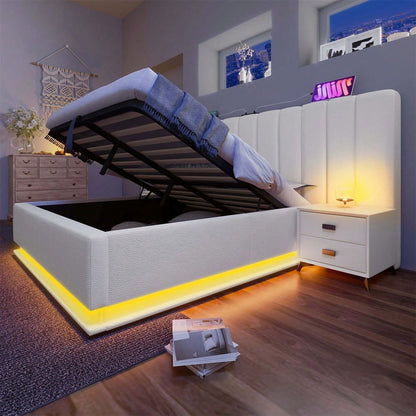 Polsterbett 180*200, Doppelbett Stauraumbett mit App Control LED und USB-C Ladefunktion, Bettgestell mit Lattenrost, PU, Weiß, Ohne Matratze und Nachttisch