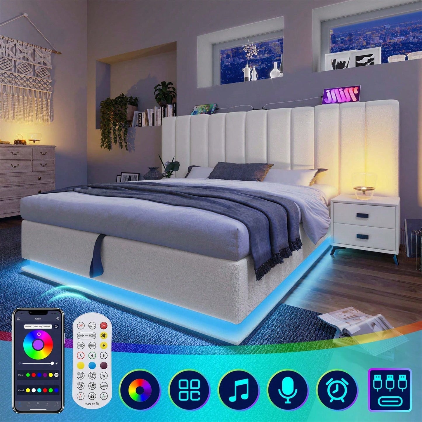 Polsterbett 180*200, Doppelbett Stauraumbett mit App Control LED und USB-C Ladefunktion, Bettgestell mit Lattenrost, PU, Weiß, Ohne Matratze und Nachttisch