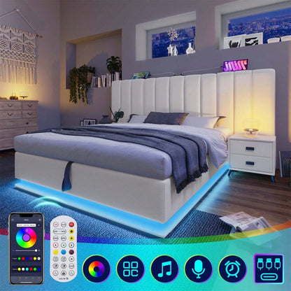 Polsterbett 180*200, Doppelbett Stauraumbett mit App Control LED und USB-C Ladefunktion, Bettgestell mit Lattenrost, PU, Weiß, Ohne Matratze und Nachttisch