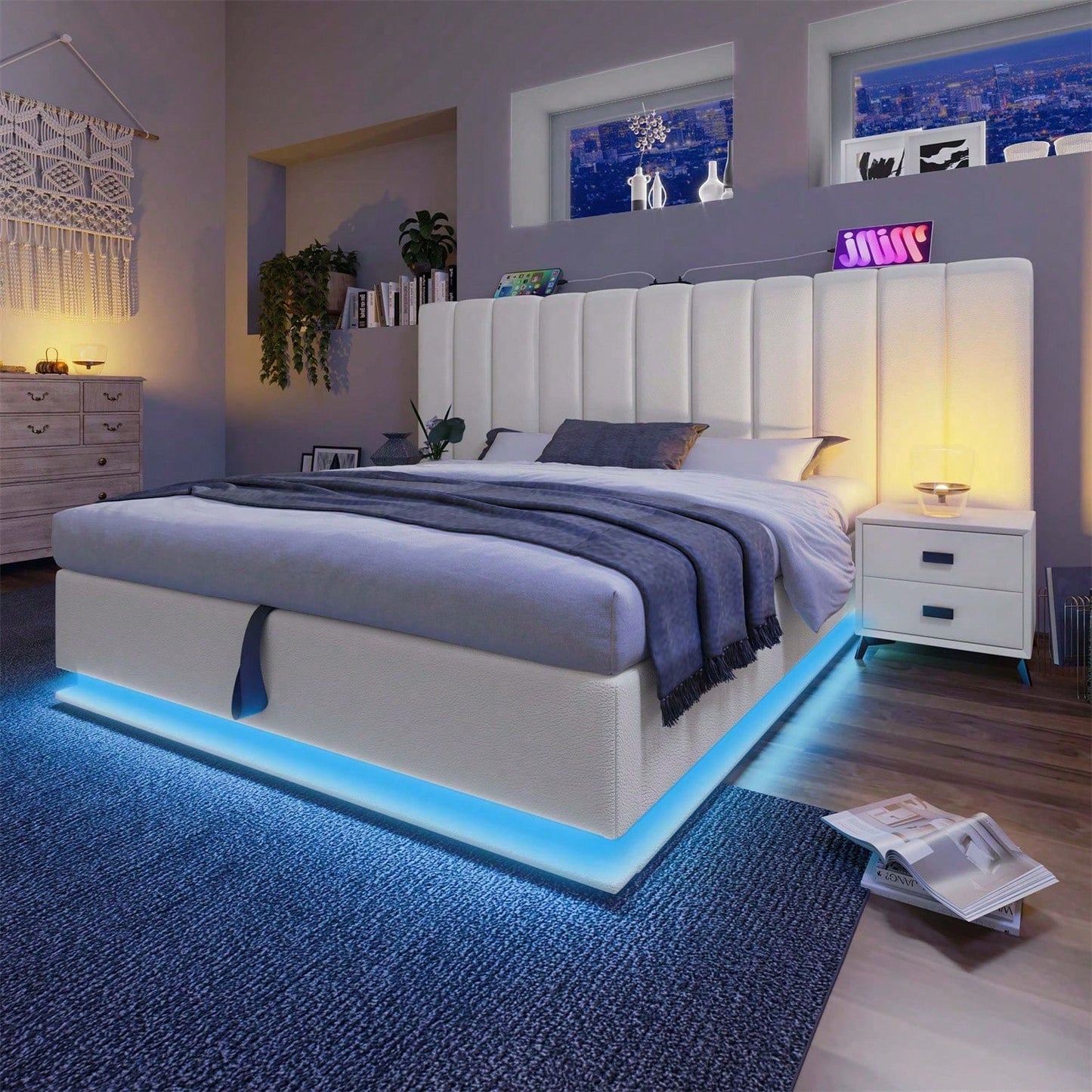 Polsterbett 180*200, Doppelbett Stauraumbett mit App Control LED und USB-C Ladefunktion, Bettgestell mit Lattenrost, PU, Weiß, Ohne Matratze und Nachttisch