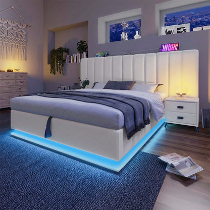 Polsterbett 180*200, Doppelbett Stauraumbett mit App Control LED und USB-C Ladefunktion, Bettgestell mit Lattenrost, PU, Weiß, Ohne Matratze und Nachttisch