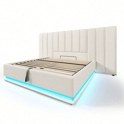 Polsterbett 180*200, Doppelbett Stauraumbett mit App Control LED und USB-C Ladefunktion, Bettgestell mit Lattenrost, PU, Weiß, Ohne Matratze und Nachttisch