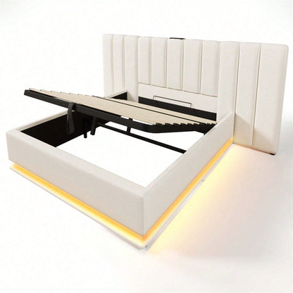 Polsterbett 180*200, Doppelbett Stauraumbett mit App Control LED und USB-C Ladefunktion, Bettgestell mit Lattenrost, PU, Weiß, Ohne Matratze und Nachttisch