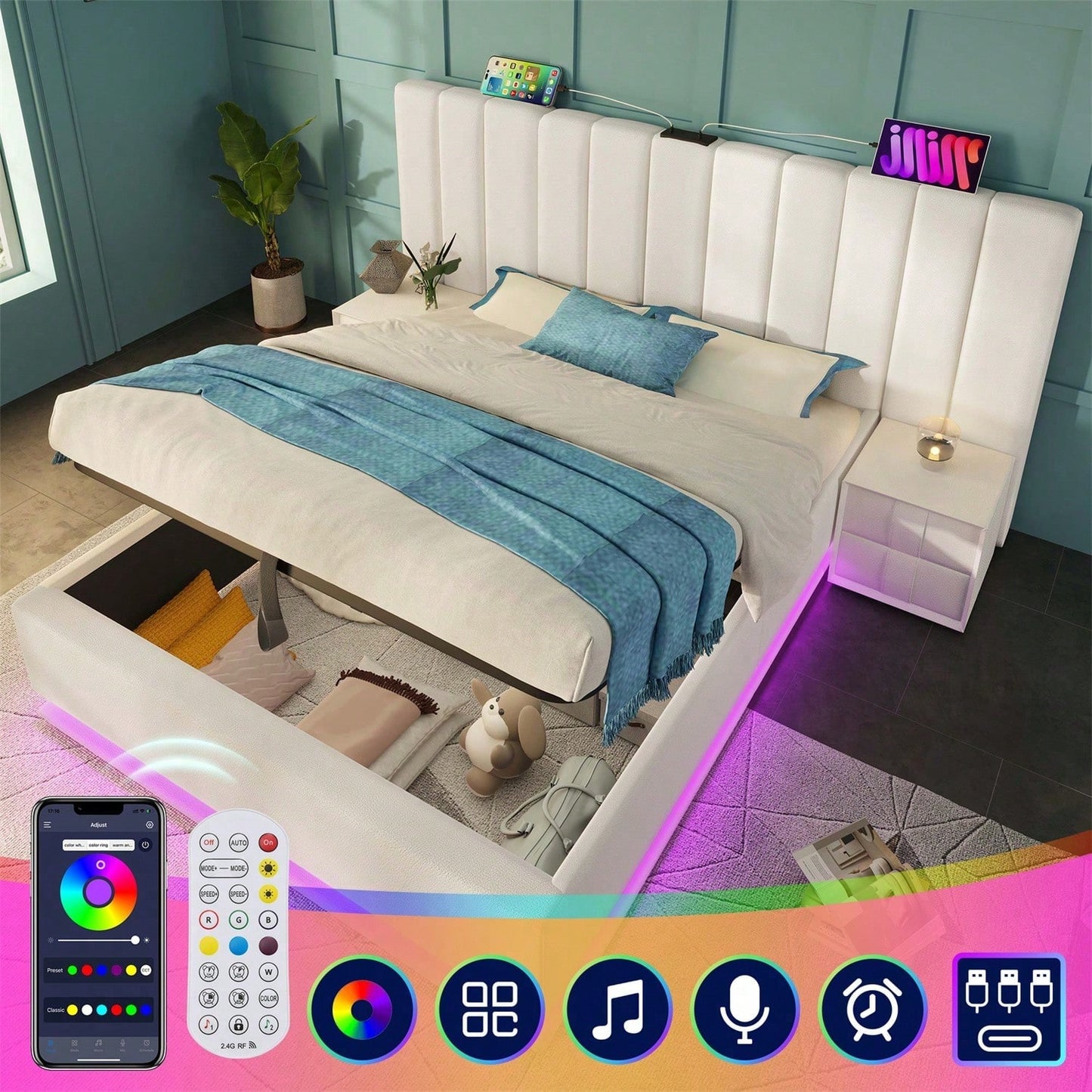 Polsterbett 180*200, Doppelbett Stauraumbett mit App Control LED und USB-C Ladefunktion, Bettgestell mit Lattenrost, PU, Weiß, Ohne Matratze und Nachttisch