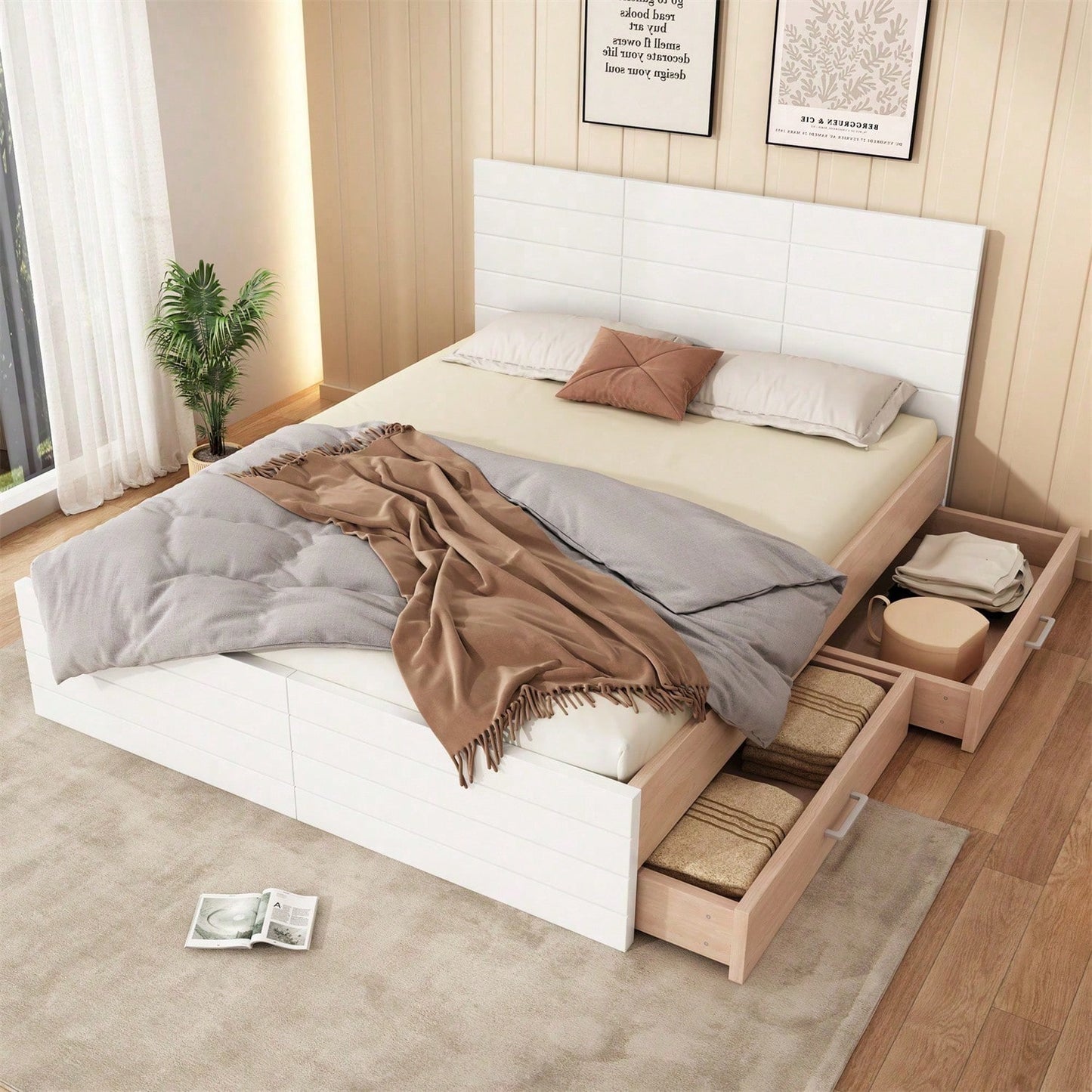 Doppelbett Holzbett Bettanlage 160*200cm mit 2 Schubladen,Modernes Bett inkl. Bettgestell &Lattenrost-207*80*165cm (L*H*B) Set in Eiche/Weiß
