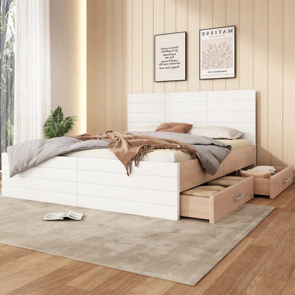 Doppelbett Holzbett Bettanlage 160*200cm mit 2 Schubladen,Modernes Bett inkl. Bettgestell &Lattenrost-207*80*165cm (L*H*B) Set in Eiche/Weiß