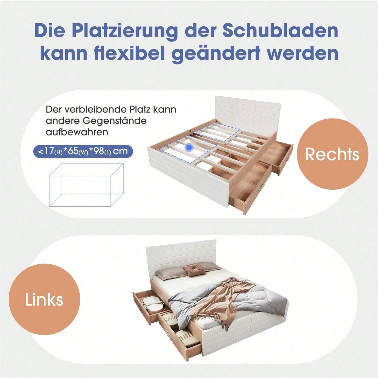 Doppelbett Holzbett Bettanlage 160*200cm mit 2 Schubladen,Modernes Bett inkl. Bettgestell &Lattenrost-207*80*165cm (L*H*B) Set in Eiche/Weiß
