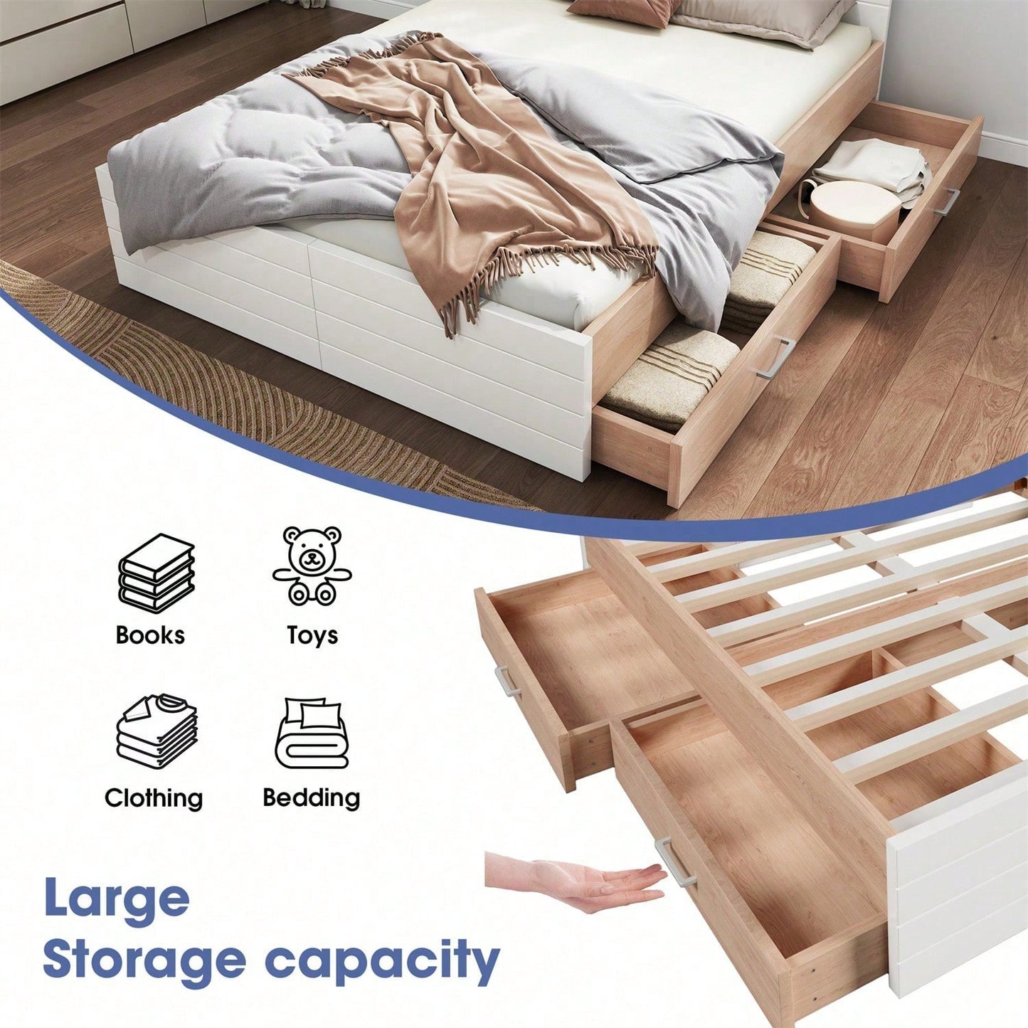 Doppelbett Holzbett Bettanlage 160*200cm mit 2 Schubladen,Modernes Bett inkl. Bettgestell &Lattenrost-207*80*165cm (L*H*B) Set in Eiche/Weiß