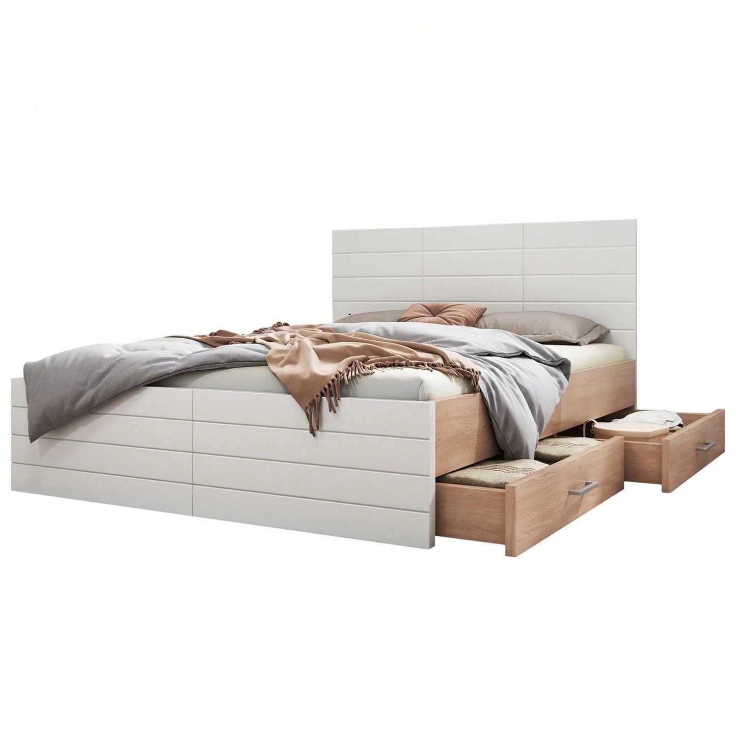 Doppelbett Holzbett Bettanlage 160*200cm mit 2 Schubladen,Modernes Bett inkl. Bettgestell &Lattenrost-207*80*165cm (L*H*B) Set in Eiche/Weiß