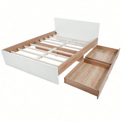 Doppelbett Holzbett Bettanlage 160*200cm mit 2 Schubladen,Modernes Bett inkl. Bettgestell &Lattenrost-207*80*165cm (L*H*B) Set in Eiche/Weiß