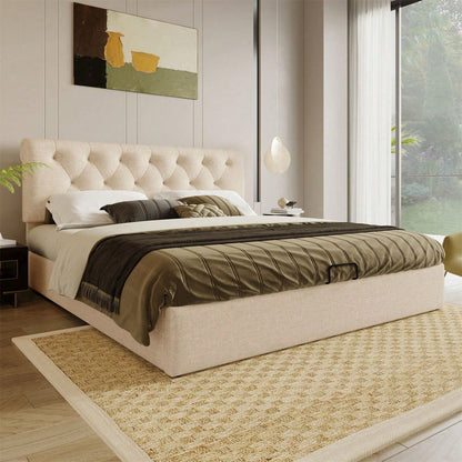 )Hydraulisch Doppelbett Polsterbett 160x200cm,Verstellbares Kopfteil, Bett mit Lattenrost aus Metallrahmen, Modernes Bettgestell mit Stauraum, Natürlich,Ohne Matratze