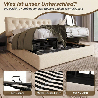 )Hydraulisch Doppelbett Polsterbett 160x200cm,Verstellbares Kopfteil, Bett mit Lattenrost aus Metallrahmen, Modernes Bettgestell mit Stauraum, Natürlich,Ohne Matratze
