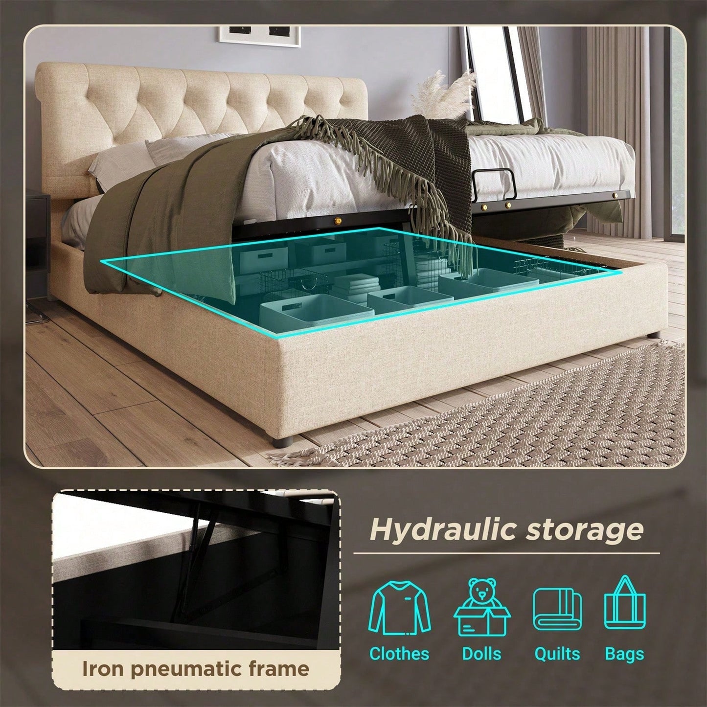 )Hydraulisch Doppelbett Polsterbett 160x200cm,Verstellbares Kopfteil, Bett mit Lattenrost aus Metallrahmen, Modernes Bettgestell mit Stauraum, Natürlich,Ohne Matratze