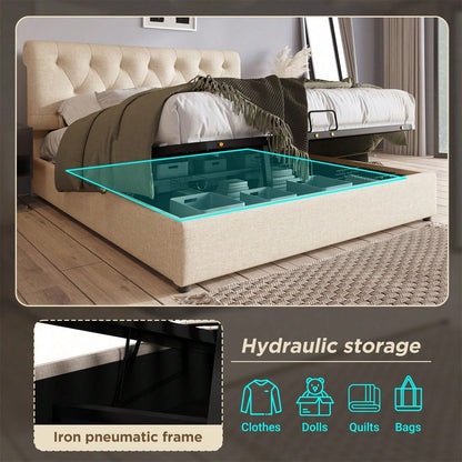 )Hydraulisch Doppelbett Polsterbett 160x200cm,Verstellbares Kopfteil, Bett mit Lattenrost aus Metallrahmen, Modernes Bettgestell mit Stauraum, Natürlich,Ohne Matratze