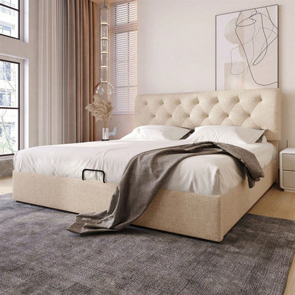 )Hydraulisch Doppelbett Polsterbett 160x200cm,Verstellbares Kopfteil, Bett mit Lattenrost aus Metallrahmen, Modernes Bettgestell mit Stauraum, Natürlich,Ohne Matratze