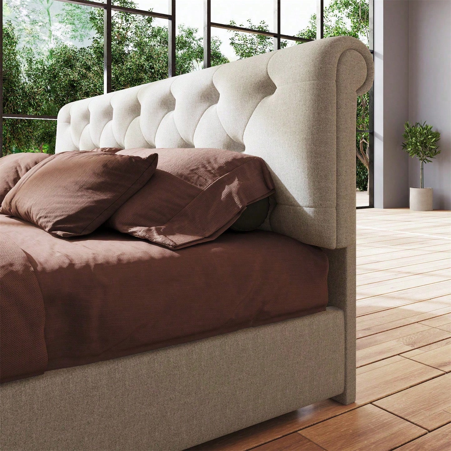 )Hydraulisch Doppelbett Polsterbett 160x200cm,Verstellbares Kopfteil, Bett mit Lattenrost aus Metallrahmen, Modernes Bettgestell mit Stauraum, Natürlich,Ohne Matratze