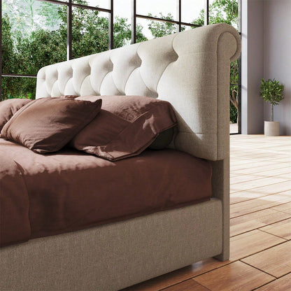 )Hydraulisch Doppelbett Polsterbett 160x200cm,Verstellbares Kopfteil, Bett mit Lattenrost aus Metallrahmen, Modernes Bettgestell mit Stauraum, Natürlich,Ohne Matratze