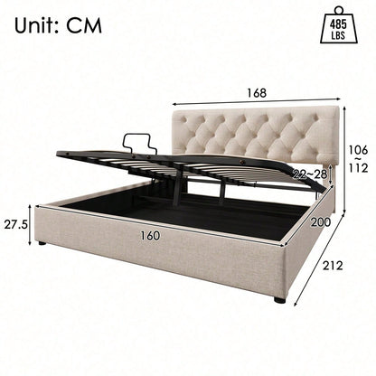 )Hydraulisch Doppelbett Polsterbett 160x200cm,Verstellbares Kopfteil, Bett mit Lattenrost aus Metallrahmen, Modernes Bettgestell mit Stauraum, Natürlich,Ohne Matratze