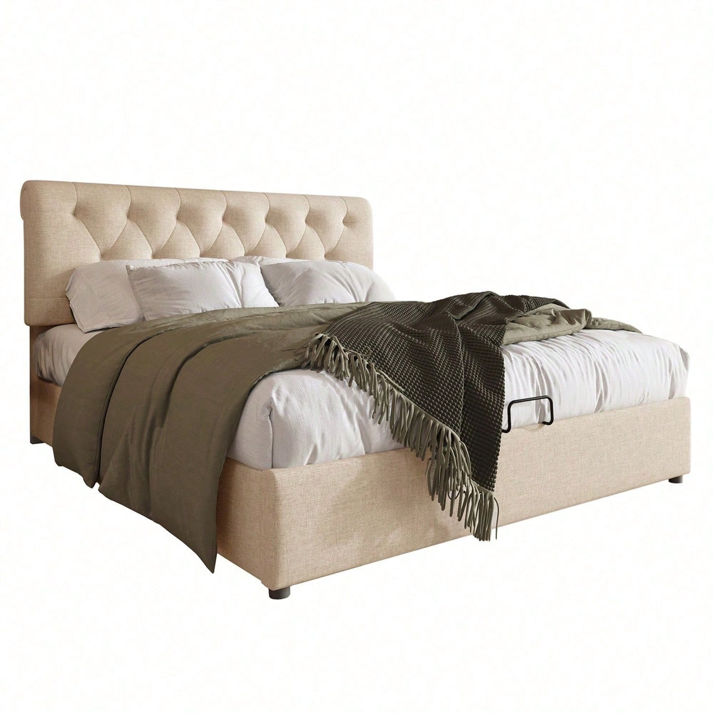 )Hydraulisch Doppelbett Polsterbett 160x200cm,Verstellbares Kopfteil, Bett mit Lattenrost aus Metallrahmen, Modernes Bettgestell mit Stauraum, Natürlich,Ohne Matratze