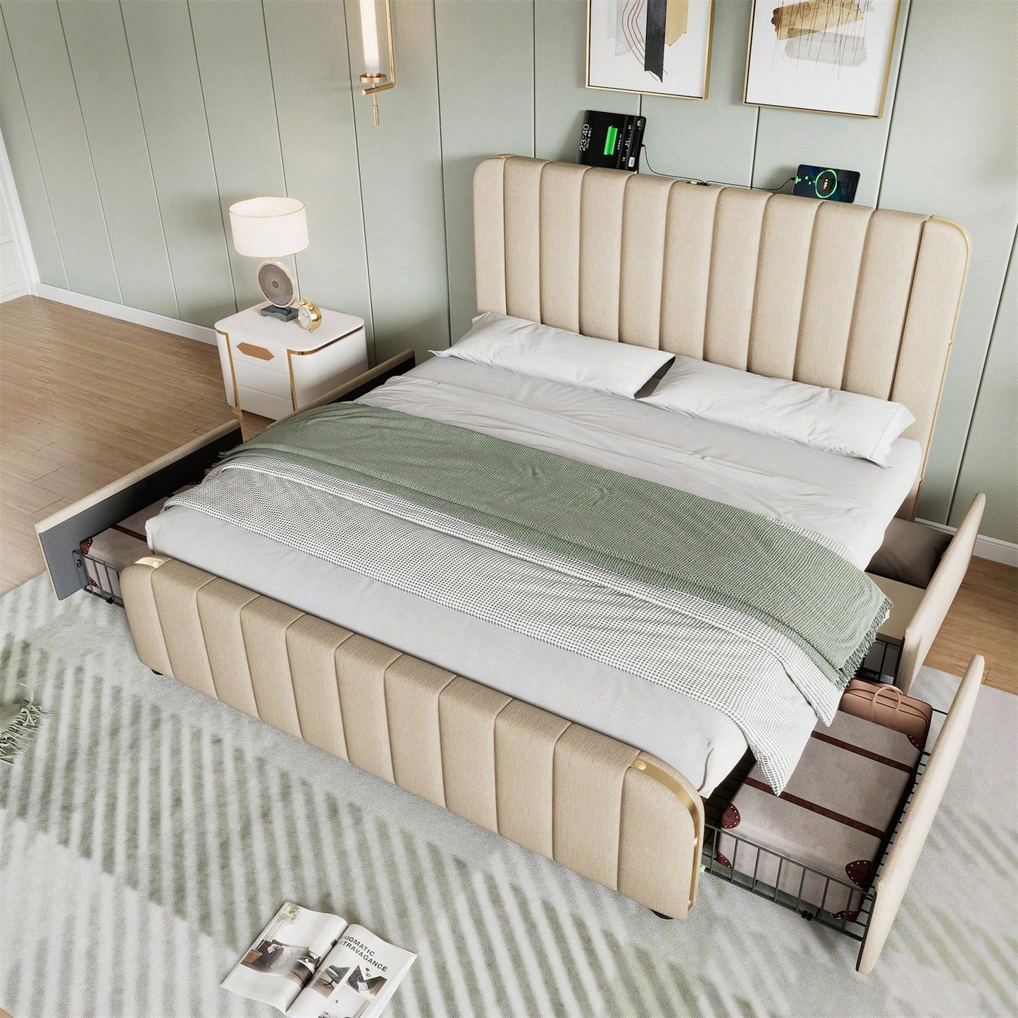 Polsterbett Doppeltes, gepolstertes Kopfteil mit goldenen Zierstreifen und ,USB Typ-C Ladefunktion 160*200 cm, Beige Leinen-Material mit 4 Schubladen ,Belastbarkeit 200 kg