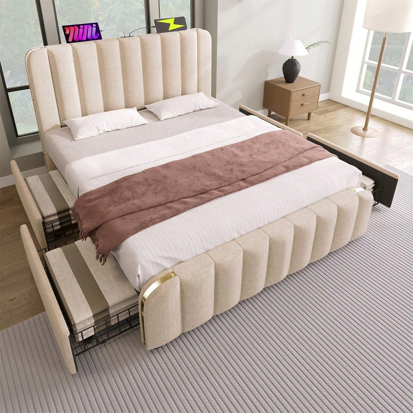 Polsterbett Doppeltes, gepolstertes Kopfteil mit goldenen Zierstreifen und ,USB Typ-C Ladefunktion 160*200 cm, Beige Leinen-Material mit 4 Schubladen ,Belastbarkeit 200 kg