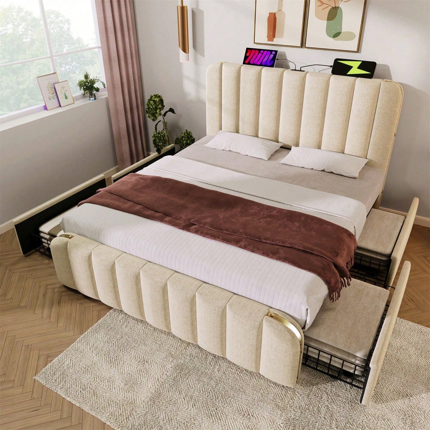 Polsterbett Doppeltes, gepolstertes Kopfteil mit goldenen Zierstreifen und ,USB Typ-C Ladefunktion 160*200 cm, Beige Leinen-Material mit 4 Schubladen ,Belastbarkeit 200 kg