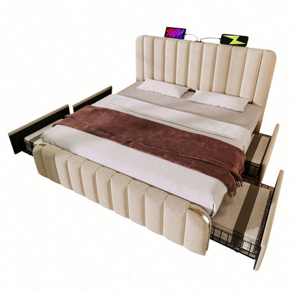 Polsterbett Doppeltes, gepolstertes Kopfteil mit goldenen Zierstreifen und ,USB Typ-C Ladefunktion 160*200 cm, Beige Leinen-Material mit 4 Schubladen ,Belastbarkeit 200 kg