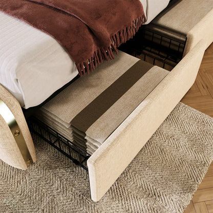 Polsterbett Doppeltes, gepolstertes Kopfteil mit goldenen Zierstreifen und ,USB Typ-C Ladefunktion 160*200 cm, Beige Leinen-Material mit 4 Schubladen ,Belastbarkeit 200 kg
