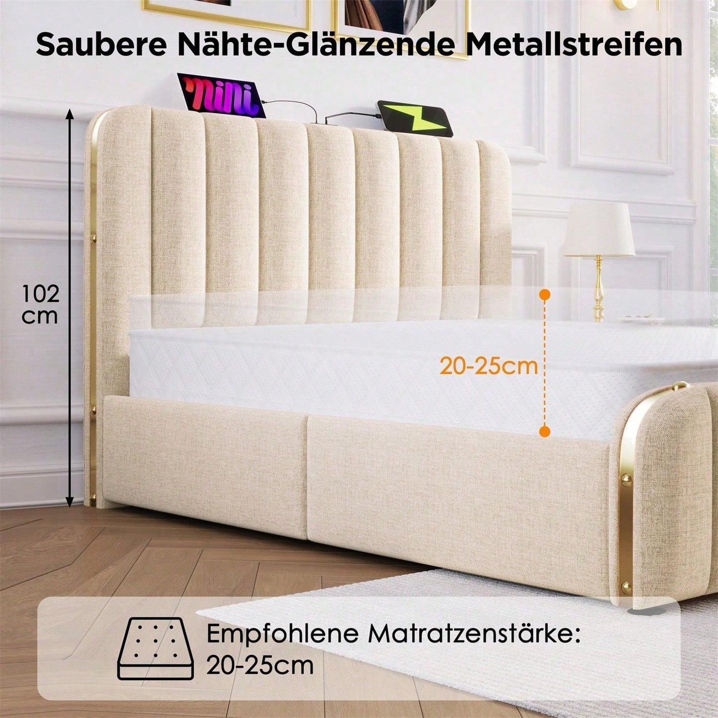 Polsterbett Doppeltes, gepolstertes Kopfteil mit goldenen Zierstreifen und ,USB Typ-C Ladefunktion 160*200 cm, Beige Leinen-Material mit 4 Schubladen ,Belastbarkeit 200 kg