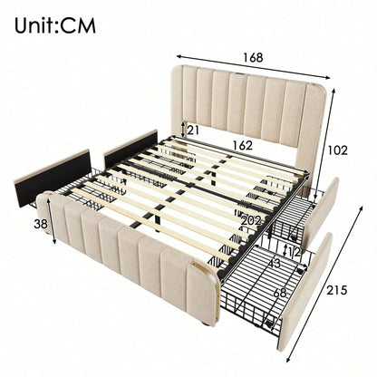 Polsterbett Doppeltes, gepolstertes Kopfteil mit goldenen Zierstreifen und ,USB Typ-C Ladefunktion 160*200 cm, Beige Leinen-Material mit 4 Schubladen ,Belastbarkeit 200 kg