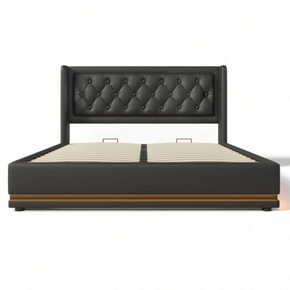 Polsterbett Doppelbett 140*200 cm,Schwarz PU-Material Hydraulisches Stauraumbett, gepolstertes Kopfteil mit USB Typ-C Ladefunktion, 3-seitige LED-Funktion