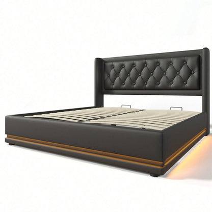 Polsterbett Doppelbett 140*200 cm,Schwarz PU-Material Hydraulisches Stauraumbett, gepolstertes Kopfteil mit USB Typ-C Ladefunktion, 3-seitige LED-Funktion