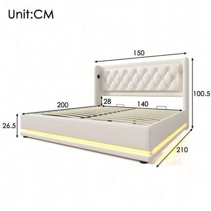Polsterbett Doppelbett 140*200 cm,Schwarz PU-Material Hydraulisches Stauraumbett, gepolstertes Kopfteil mit USB Typ-C Ladefunktion, 3-seitige LED-Funktion