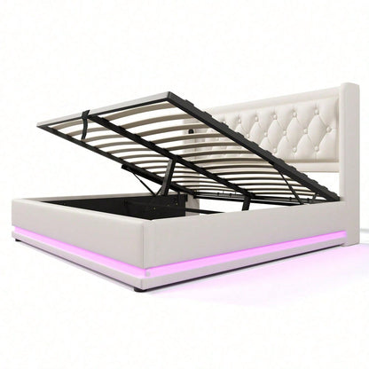 Polsterbett Doppelbett 140*200 cm,Schwarz PU-Material Hydraulisches Stauraumbett, gepolstertes Kopfteil mit USB Typ-C Ladefunktion, 3-seitige LED-Funktion