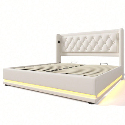 Polsterbett Doppelbett 140*200 cm,Schwarz PU-Material Hydraulisches Stauraumbett, gepolstertes Kopfteil mit USB Typ-C Ladefunktion, 3-seitige LED-Funktion
